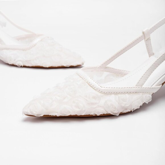 ⚡Women's Mesh White Pointed Toe Slingback Flowers Floral Kitten Heels Pump Shoes - Picture 3 of 6